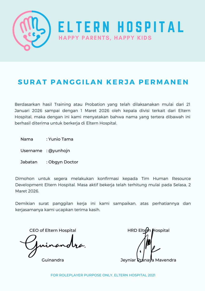 ㅤㅤ

📩

To : Yunio Tama (<a href="/yunhojn/">oɥun⅄˙ 𐃷 ˙</a>)
From : Eltern Hospital Office
CC : Guinandra (<a href="/inyouf/">𝖨𝗇𝗒𝗈𝗎𝗉, 황. ⚝</a>)
Elaine Danastri (<a href="/yourqkitten/">Elaine Danastri 🤰</a>)
Jeyniar Pranaya M. (<a href="/nomoresojuplz/">Je</a>)
Subject : Surat Panggilan Kerja Permanen

ㅤㅤ