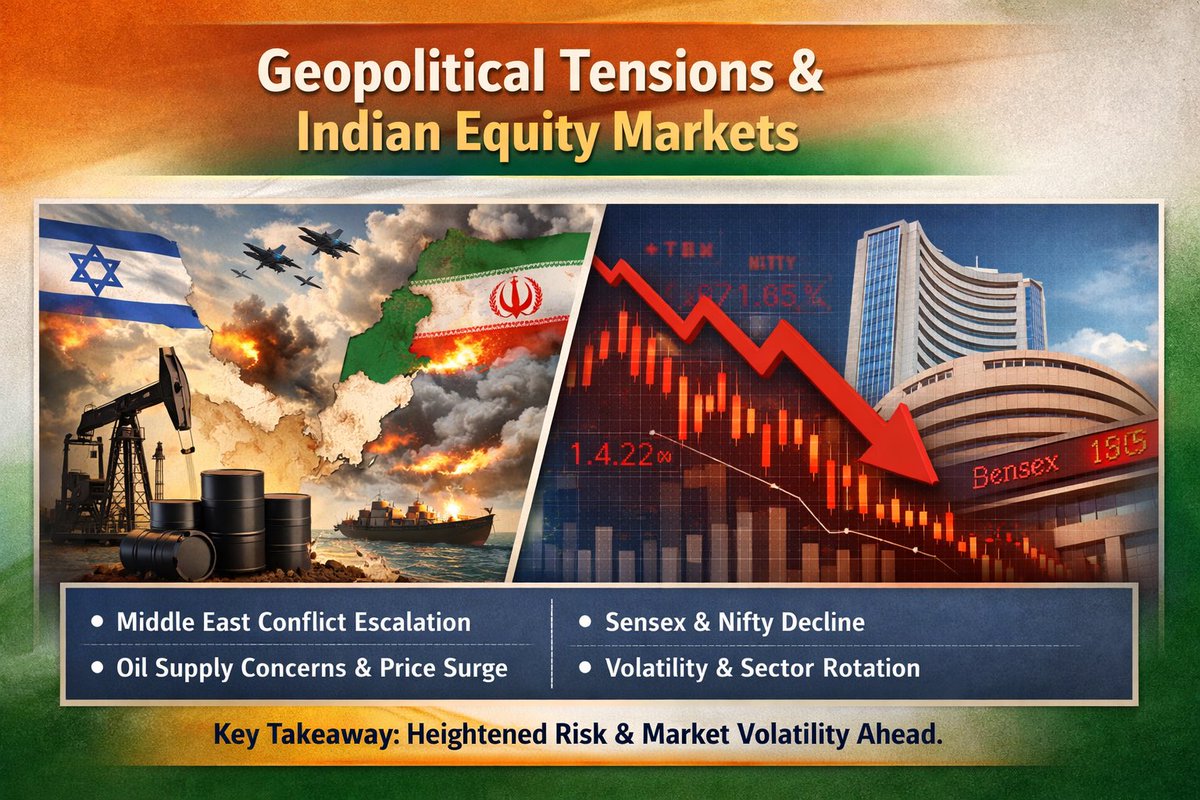 Geopolitical Risk &amp; Indian Markets
Escalation in the Middle East (US–Israel strikes on Iran) has raised global risk sharply. Retaliatory action + Strait of Hormuz concerns (≈20% global crude transit) are keeping energy markets on edge.
Market Impact (India):
Risk-off sentiment