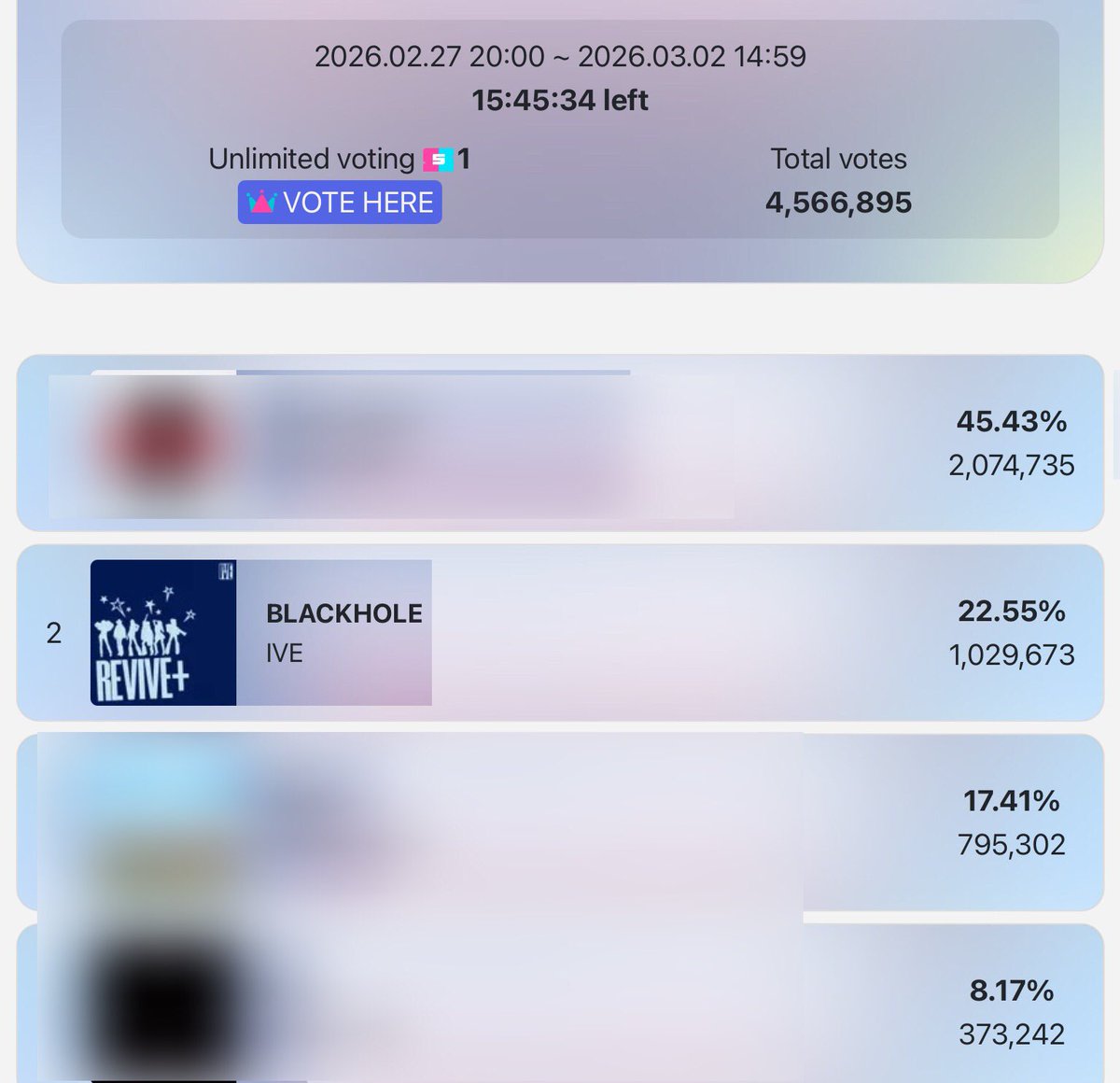 divestream_'s tweet photo. 🗳️ON-GOING SHOW CHAMPION VOTING 

Our closest chance to give @IVEstarship 'Blackhole' a win 
on Music Show. Every vote counts! 

🗓️Ends tomorrow 03/02 14:59PM KST
📲 IDOL CHAMP -Use Multiple Accounts to vote
🎯 Higher percentage in votes (increase the gap) https://t.co/mfrmHzlb68