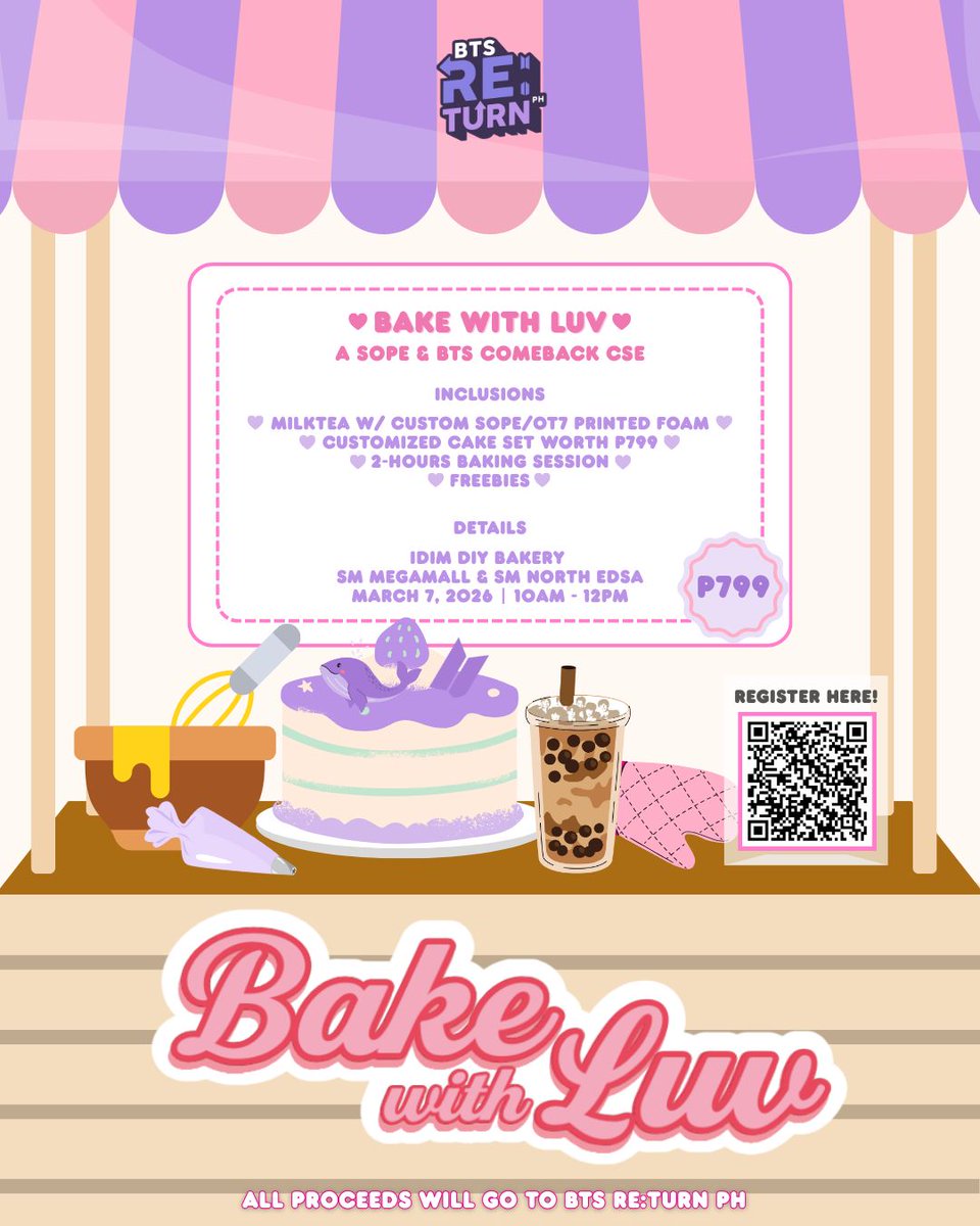 btsaph130613's tweet photo. PH ARMY, donโt just watch the CB. Be part of it. ๐ฐ๐
Join #BakeWithLuv
๐March 7 | SM North EDSA
โจ๏ธDIY cake set + SOPE/OT7 milk tea + ARIRANG toppers
Limited slots ONLY!
Register NOW:
https://t.co/ZN8OWqjK7Cโ
All proceeds support #BTSRE_TURNPH
@BTSisBackInPH https://t.co/mtvRkNlr6U