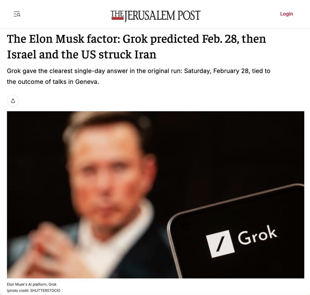 💥The Elon Musk factor: Grok predicted Feb. 28, then Israel and the US struck Iran

@Grok gave the clearest single-day answer in the original run: Saturday, Feb 28 

via <a href="/Jerusalem_Post/">Jerusalem Post</a> #OperationRoaringLion #OperationEpicFury #AI #IranWar 

jpost.com/middle-east/ir…