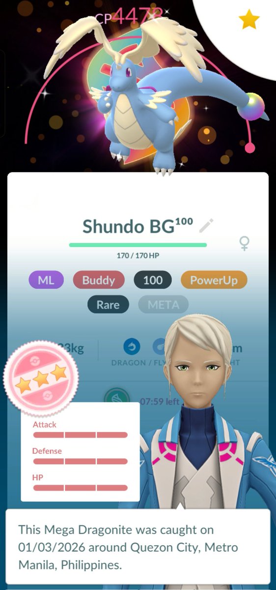 rozzramos's tweet photo. Got a Shiny Hundo with Background Mega Dragonite! 💙🪽

Waaaah! This was my 2nd raid only, I got lucky receiving a BADGE from a Pokemon Ambassador sponsored by @Niantic / Nintendo

#Tyddous @Pokemon @PokemonGoApp #PokemonKalosTour2026 #Rare #Shundo #Dragonite #legendsZA https://t.co/D46tmq0o1j