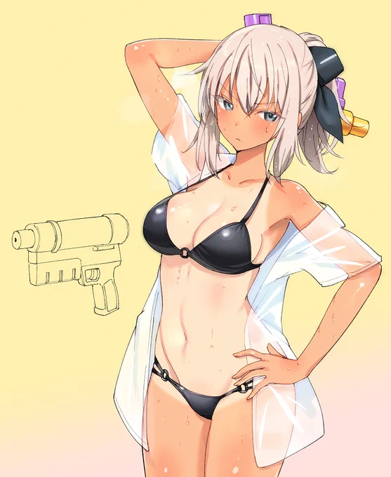 逸見お前…日焼けビキニを晒す子やったか *水鉄砲めんどくさいから描かなくていいポーズにしたな…と思われそうなので別途描きました