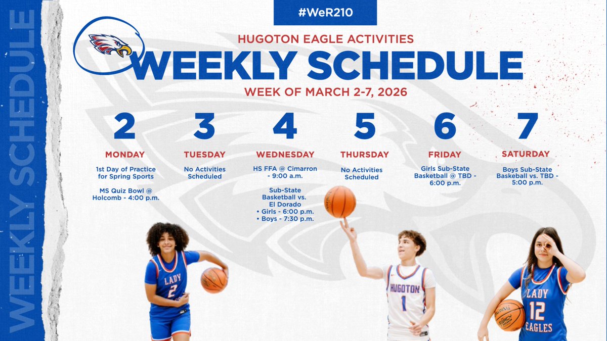 HugotonEagles's tweet photo. HMS/HHS Sports &amp; Activities Schedule for March 2-7, 2026.
#WeR210 https://t.co/OtfNfjJhzE