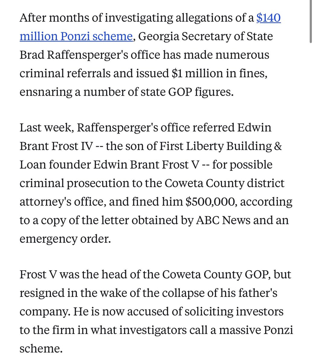 ‼️‼️ NEW: GEORGIA OFFIClALS FILE CRIMINAL REFERRALS AND FINES OVER $140 MILLION PONZI SCHEME INVOLVING MEMBERS OF GEORGIA GOP AND DONORS. 

SOURCE: <a href="/ABC/">ABC News</a>