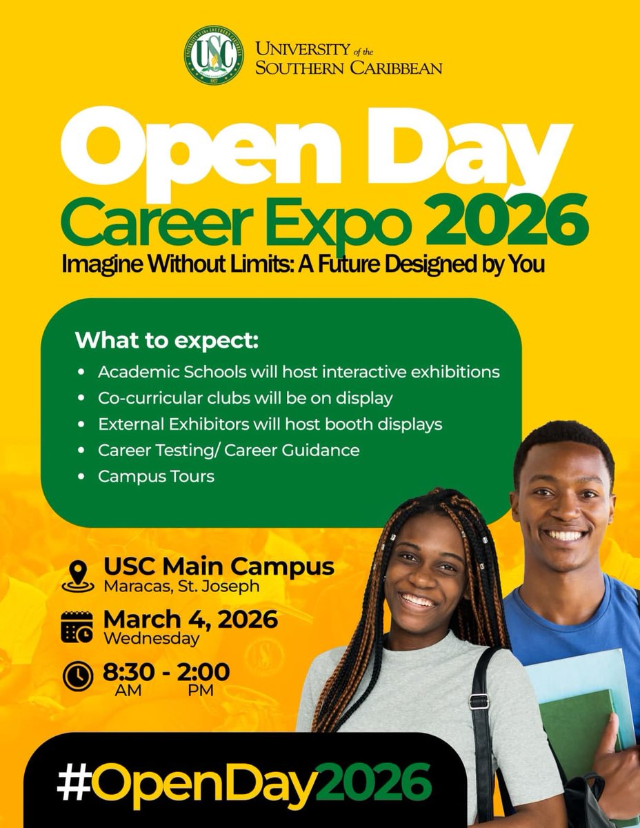 TTWritersGuild's tweet photo. Find us at #UniversityOfSouthernCaribbean #CareerDay #OpenHouse March 4, 2026 Maracas, St. Joseph 8:30 to 2pm | Feeling stuck, unsure or overwhelmed about what next as a #Writer #Author, then this is for you | Panel Discussion at 11am
"Becoming a Published Author" #TTWritersGuild https://t.co/EZS8ggotwn