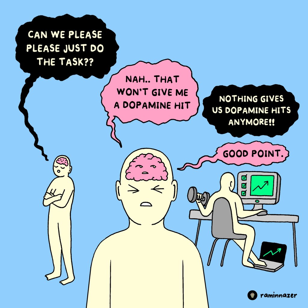 สังคมอุดมคนสมาธิสั้น
สำรวจตัวเองช่วงหลังๆ ดูหนังไม่จบ ฟัง Podcast ไม่จบ สมองมันเบื่อง่าย 

Dopamine Hit การไถฟีดคือการได้รับสารสุขแบบฉับไว พอมาดูหนัง 2 ชั่วโมง สมองที่ชินกับ ของด่วน 
เลยรู้สึกเหมือนขาดอะไรไป

เราอยากเติม Dopamine แบบคนเสพติด
ถ้าไม่มีความรู้สึกเบื่อจะแทรกตัวเข้ามา