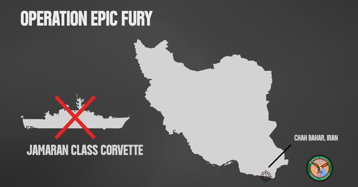 🚨 #BREAKING: U.S. Central Command says a Jamaran-class Iranian corvette was struck by U.S. forces at the start of Operation Epic Fury and is now sinking at a pier in Chabahar in the Gulf of Oman.