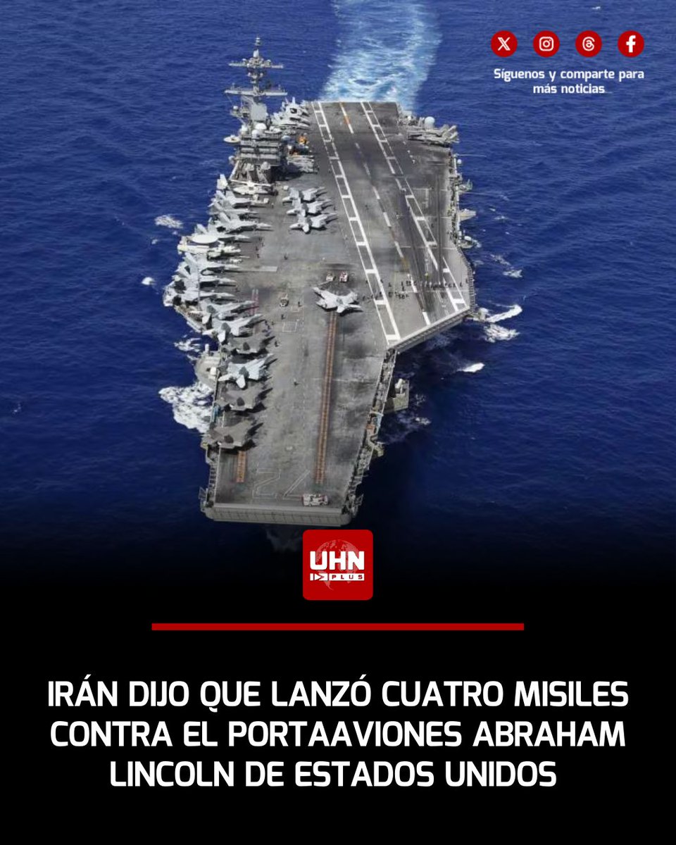 UHN_Plus's tweet photo. 🇮🇷🇺🇸‼️ | ÚLTIMA HORA — La Guardia Revolucionaria del régimen de Irán dijo que lanzó cuatro misiles contra el portaaviones norteamericano Abraham Lincoln. https://t.co/1a27a06Wge
