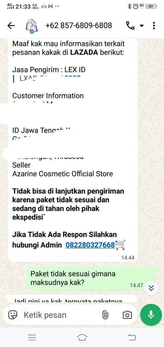 SdmSasarasa's tweet photo. Halo @AzarineCosmetic mohon penjelasannya apakah benar ini adalah nomor kontak admin? Karena mengaku dari admin Azarine Cosmetic Official Store https://t.co/AhkYkL65jU