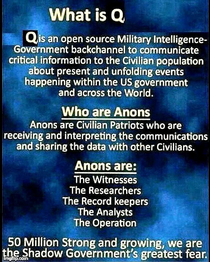 What is Q

Qis an open source Military Intelligence-Government backchannel to communicate critical information to the Civilian population about present and unfolding events happening within the US government and across the World.

Who are Anons

Anons are Civilian Patriots who