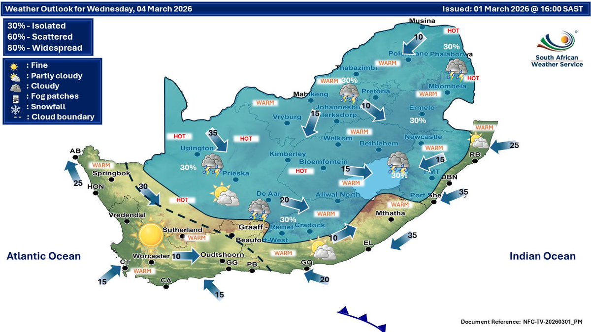 SAWeatherServic's tweet image. Weather outlook for Tuesday &amp;amp; Wednesday, 03 - 04 March 2026:
Partly cloudy &amp;amp; cool to warm in the east with isolated to scattered thundershowers but widespread in the extreme north-eastern parts on Tuesday, otherwise fine &amp;amp; hot
#saws #SAWeather #WeatherOutlook