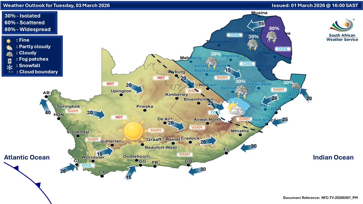 SAWeatherServic's tweet image. Weather outlook for Tuesday &amp;amp; Wednesday, 03 - 04 March 2026:
Partly cloudy &amp;amp; cool to warm in the east with isolated to scattered thundershowers but widespread in the extreme north-eastern parts on Tuesday, otherwise fine &amp;amp; hot
#saws #SAWeather #WeatherOutlook