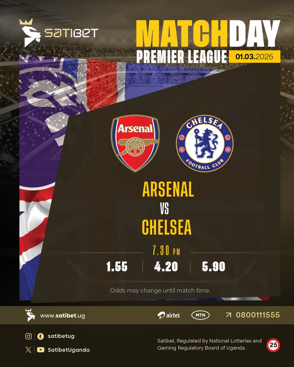 SatibetUganda's tweet photo. SUCH A BIG MATCH! ⚽️☄️
The Premier League showdown that could define the season. Choose your side, lock in your odds, and be part of the action with Satibet. 😉
#satibetug #premierleague #arsenalvchelsea #footballbetting https://t.co/nnwddR7vOm