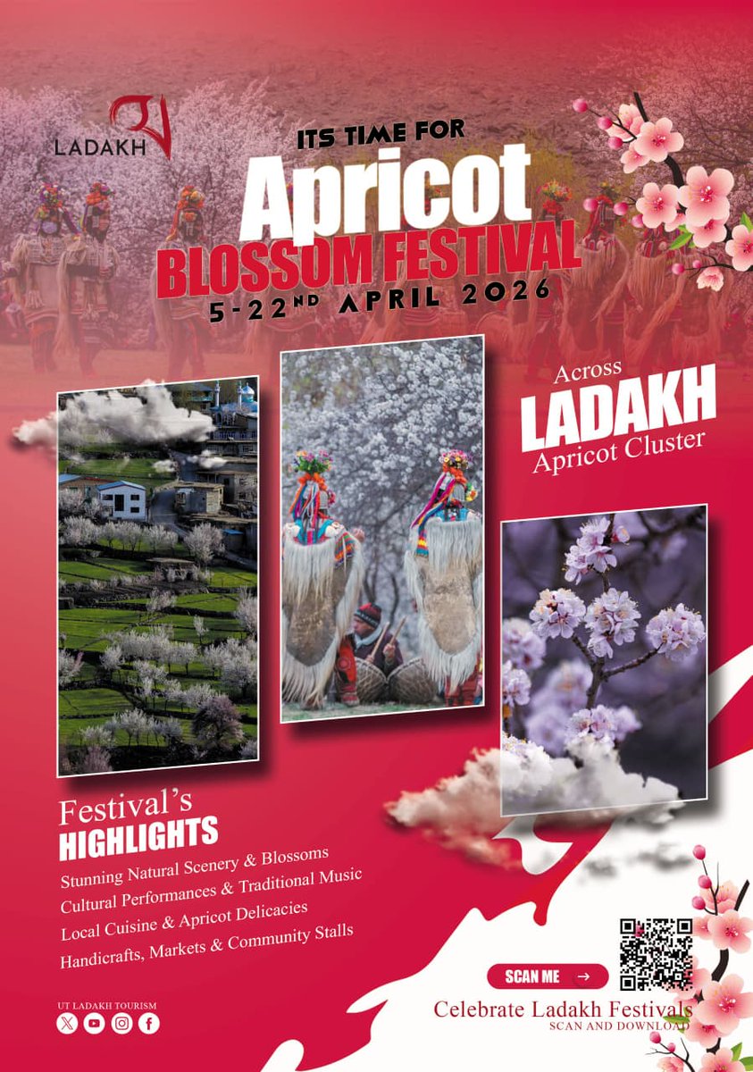 Don’t miss the #ApricotBlossomFestival 2026 - wander through snow-kissed landscapes turned pink &amp; white, &amp; experience vibrant cultural performances, traditional music, &amp; authentic local delicacies in Ladakh’s breathtaking spring bloom

🗓️April 5-22, 2026
<a href="/lg_ladakh/">Office of the Lt. Governor, Ladakh</a> <a href="/ashishkundra/">Ashish Kundra</a>