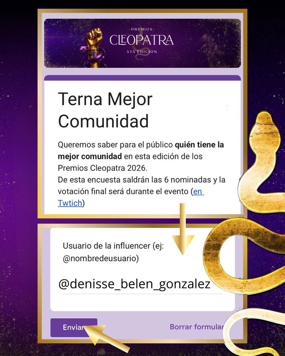 DenisseTrends's tweet photo. GENTE HERMOSA, recuerden votar a Deni para los Premios Cleopatra en la terna 
MEJOR COMUNIDAD✨ 

🗳️ Cómo votar? Fácil! 

Entras al link y abajo, en el forms escribís el @ de Denisse, como en la imagen, apretás ENVIAR y listo! 

🔗 https://t.co/ZE91hJ3ukA https://t.co/NCdDyYvjvl