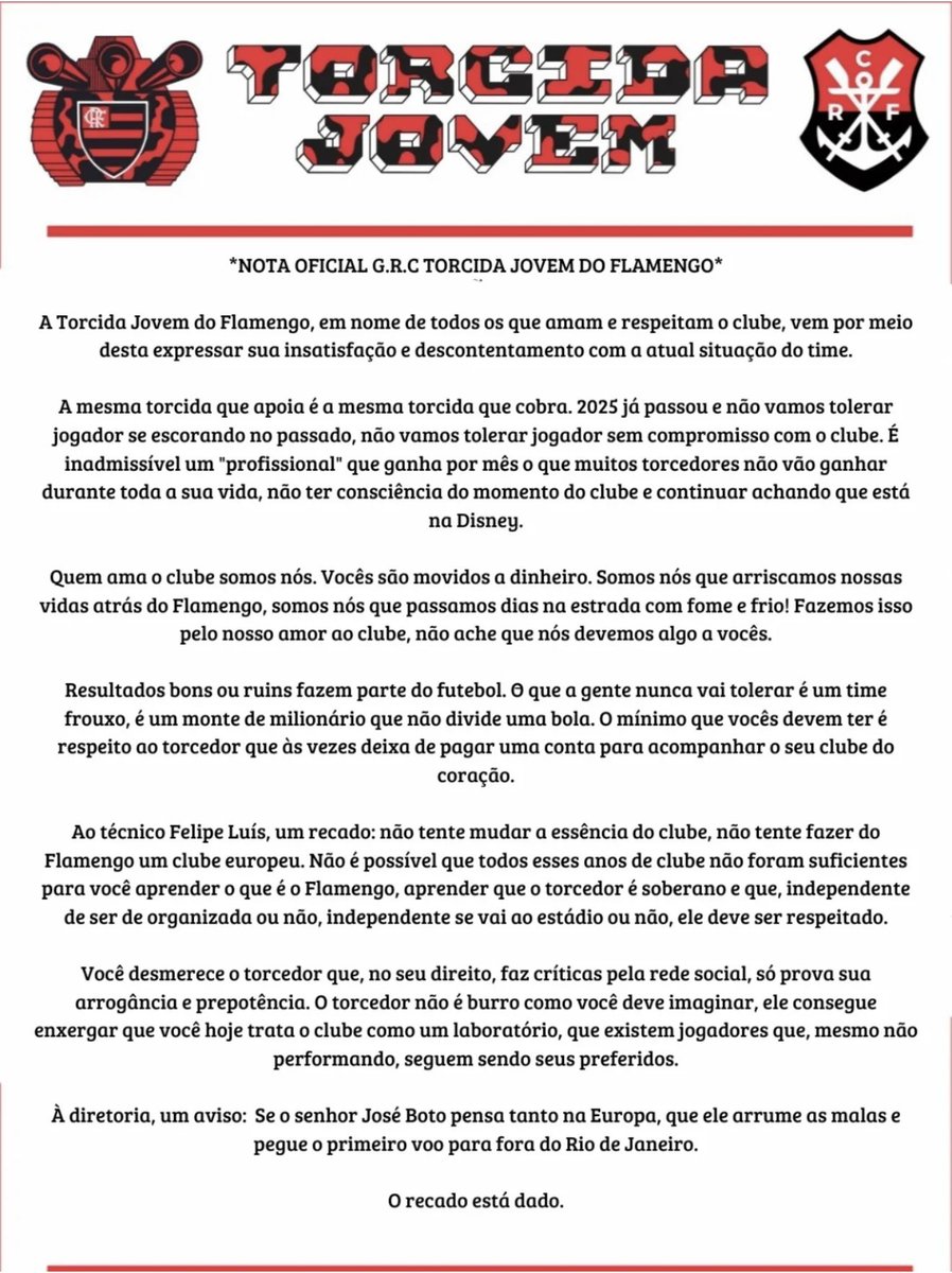⚠️ Agora! Jovem Fla, torcida organizada do Flamengo, sobe o tom em nota oficial:

“A torcida que apoia é a mesma que cobra. 2025 já passou e não vamos tolerar jogador se escorando no passado, sem compromisso com o clube.”

“Quem ama o clube somos nós. Vocês são movidos a
