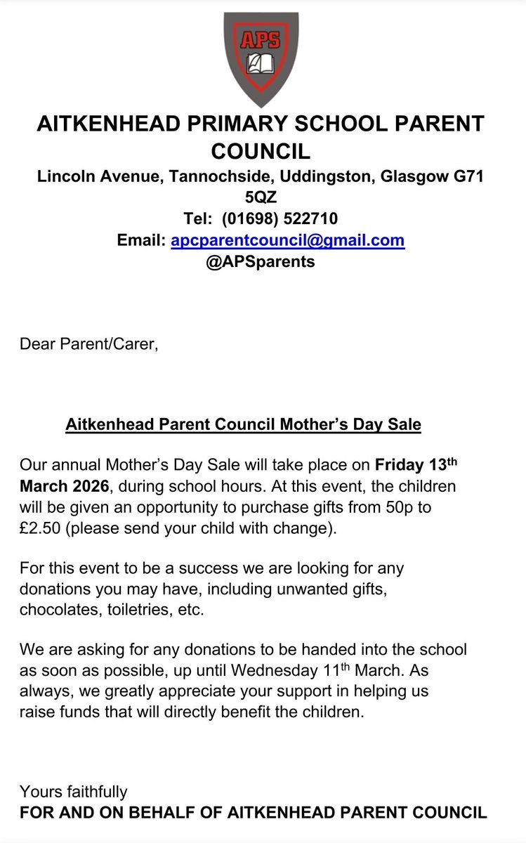 Aitkenhead PS Parent Council tweet media