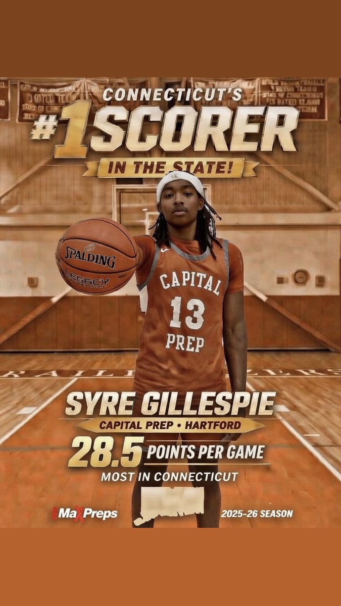 CprepbballP's tweet photo. Connecticut Boys Basketball (2025-26) Points Per Game Stat Leader @SyreGillespie1 - 28.5 PPG
#wearecaitalprep
#cprepbball
#homeofthetrailblazers https://t.co/LhokOAbMaV
