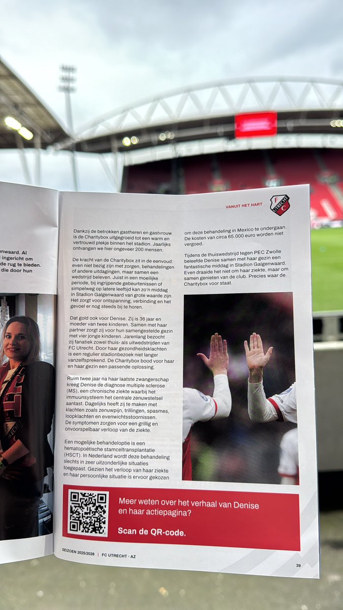 We zijn in de <a href="/Galgenwaard030/">Stadion Galgenwaard</a> en vandaag een speciale #FCToday bij <a href="/fcutrecht/">FC Utrecht</a> vs <a href="/AZAlkmaar/">AZ</a> 

Een oproep om dit te delen en allen <a href="/DeniisedG/">Deniise</a> te helpen bij haar strijd tegen haar progressieve #MS. En een #HSCT behandeling in Mexico @guillermoruiza5 #ClinicaRuiz 
#UTRaz