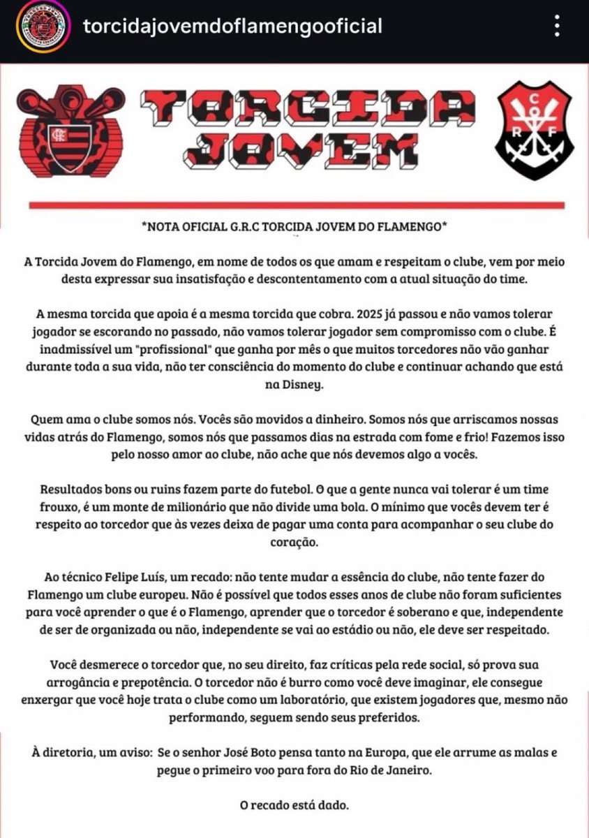 ⚠️ Jovem Fla, torcida organizada do Flamengo, em nota oficial.

“O recado está dado.”

📸 Divulgação