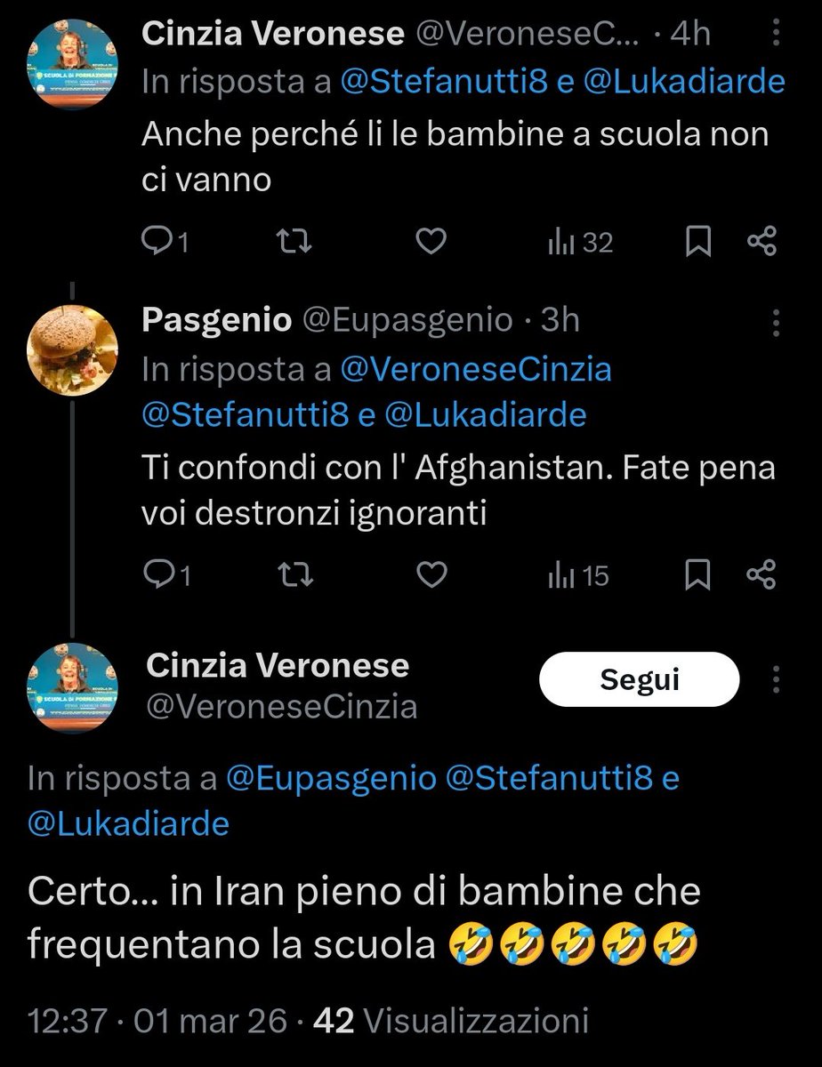 In uno screenshot il ritardo mentale del leghista medio supporters del Capitone #salvini 

In Iran dove c'è il più alto numero di laureate in materie stem secondo costei(soffermatevi sull'espressione intelligente) le donne non vanno a scuola 🤡