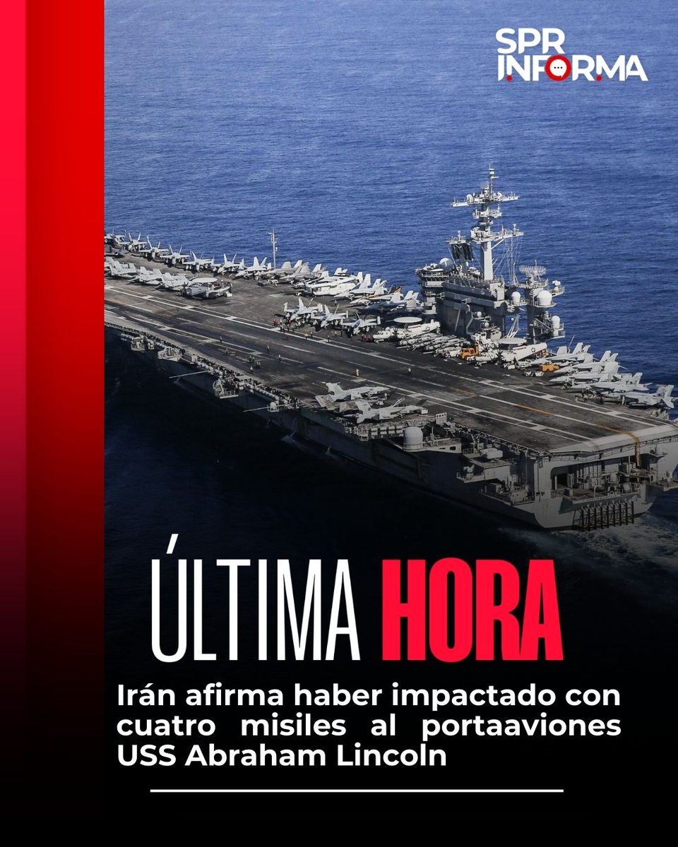 #ÚltimaHora | #Internacional

El portaviones estadounidense USS Abraham Lincoln fue alcanzado por cuatro misiles balísticos, informó este domingo 1° de marzo el Cuerpo de la Guardia Revolucionaria Islámica (CGRI) de #Irán. "Los poderosos golpes de las Fuerzas Armadas al exhausto
