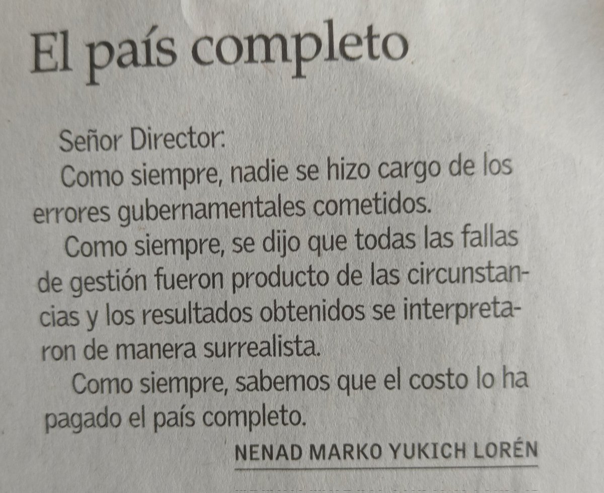 Publicado en Cartas al Director de El Mercurio de hoy.