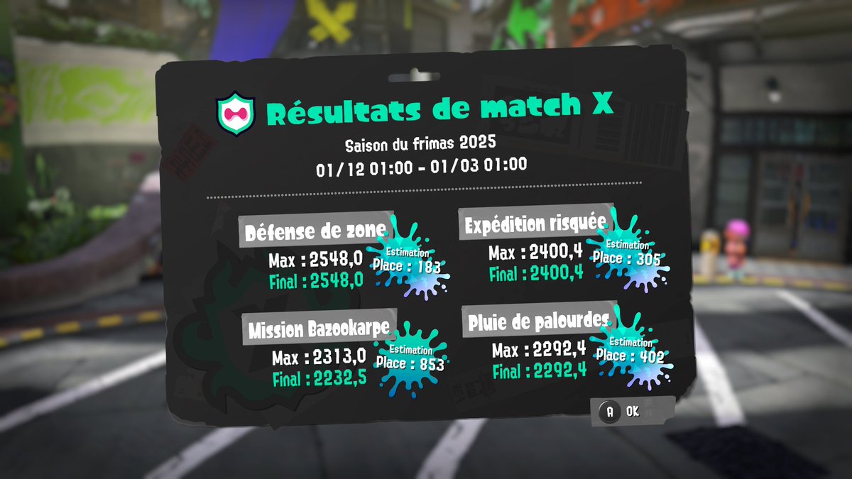 Voici mes placements finales de cette saison du frimas 2025 de #Splatoon3, bien joué à tous !