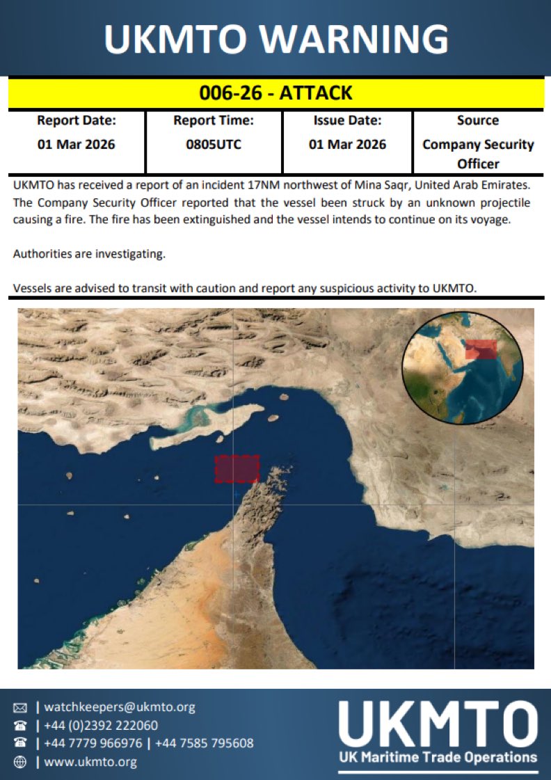 The United Kingdom Maritime Trade Office has issued another alert of a vessel attack near the Strait of Hormuz.  A vessel has reported being struck by an unknown projectile resulting in a fire that has subsequently been extinguished and the vessel is continuing on its way.