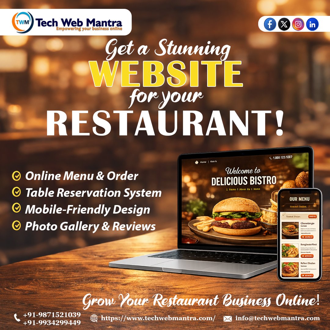 techwebmantra2's tweet photo. 🍽️ Get a stunning restaurant website with Tech Web Mantra!
📲 Online menu, table booking & mobile-friendly design to grow your business 🚀
👉 Go digital. Get more customers.
#RestaurantWebsite #FoodBusiness #DigitalRestaurant #TechWebMantra https://t.co/dur9CMsQED