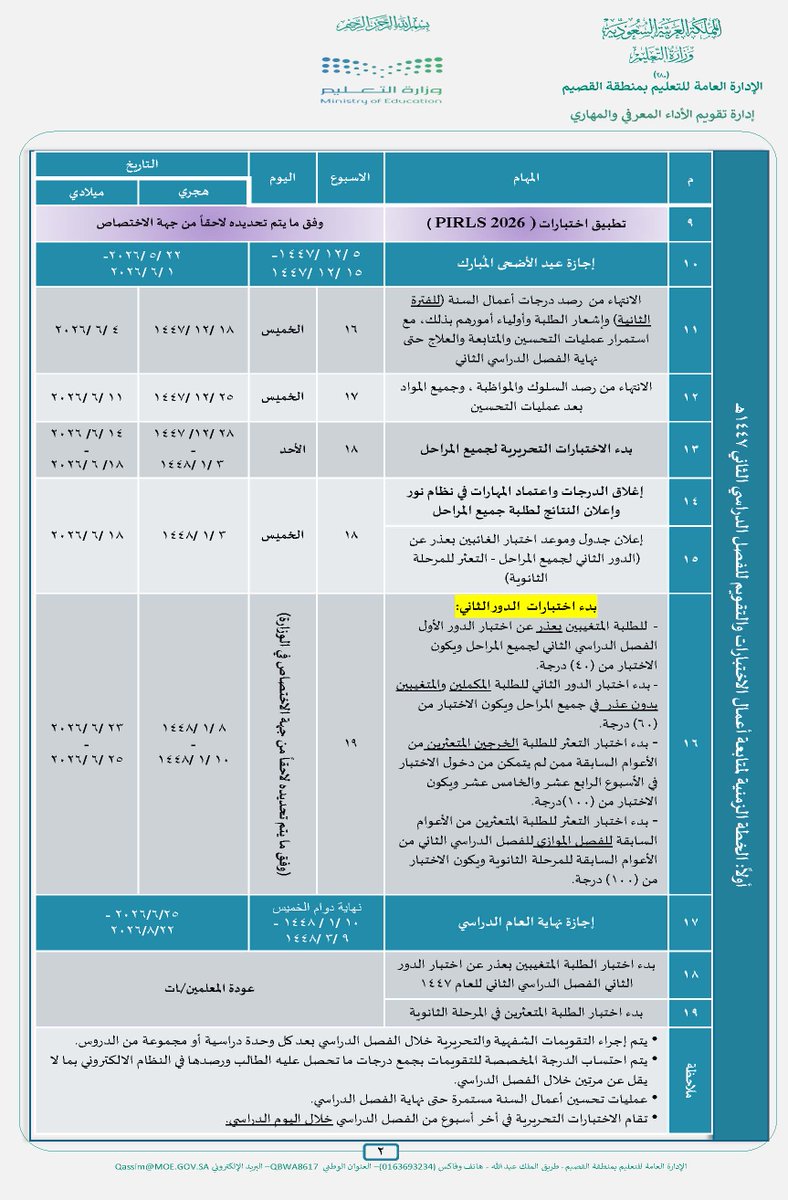 y66606's tweet photo. 📌 الخطة الزمنية لأعمال #الاختبارات لـ (الفصل الدراسي الثاني) للعام الدراسي (1447 / 1448) هـ:

💼 وتشمل:
1️⃣- اختبار (الدور الثاني) لـ (الفصل الدراسي الأول).
2️⃣- اختبار  (التعثر) لـ (الفصل الدراسي الأول).
3️⃣- الاختبار البديل (الطلاب الغائبين بعذر) لـ (الفصل الدراسي الأول).
4️⃣- اختبار (أعمال السنة) للفترتين.
5️⃣- اختبار (نافس).
6️⃣- اختبار بيرلز (PIRLS).
7️⃣- الاختبارات النهائية (الدور الأول).
8️⃣- اختبار  (التعثر) للطلاب (المتوقع تخرجهم)
9️⃣- اختبار (الدور الثاني) لـ (الفصل الدراسي الثاني).

🔗 | رابط التحميل:
https://t.co/9PO7GjCHbG

#الاختبارات_النهائية