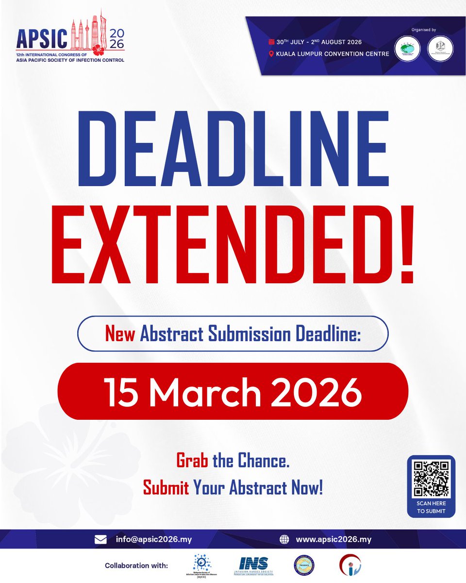 APSIC2026's tweet photo. 📢Deadline Extension

Great news! The APSIC 2026 abstract submission deadline has been extended to 15 March 2026.

Researchers &amp; innovators, submit now to be considered for awards &amp; scholarships.
🔗 Details: https://t.co/JpriKFAStW

#APSIC2026 #DeadlineExtended https://t.co/y8cq8sUaHQ