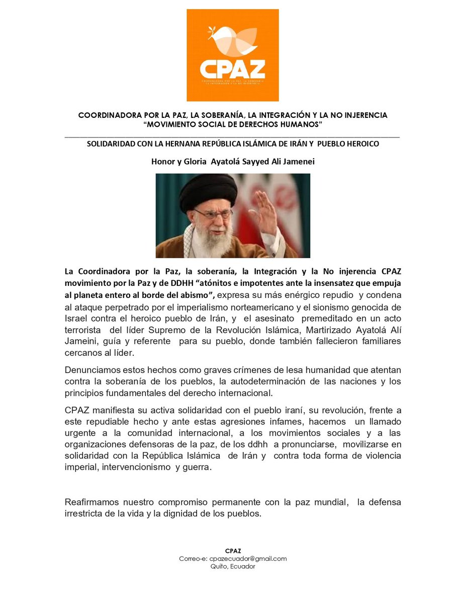 CPAZ_DDHH's tweet photo. Compartimos la comunicación de la Coordinadora por la Paz, la Soberanía, la Integración y la No Injerencia (CPAZ) en solidaridad con la República Islámica de Irán y su pueblo. https://t.co/PT44CXFUVb