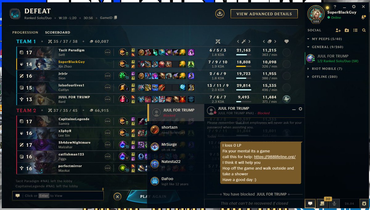 I played bad getting auto filled into Jung. Bard flamed and got mad threw the rest of the game then want to friend me. I help the guy out. Snowflakes man i swear. I see Trump and I know there mental is weak. Im here to help.