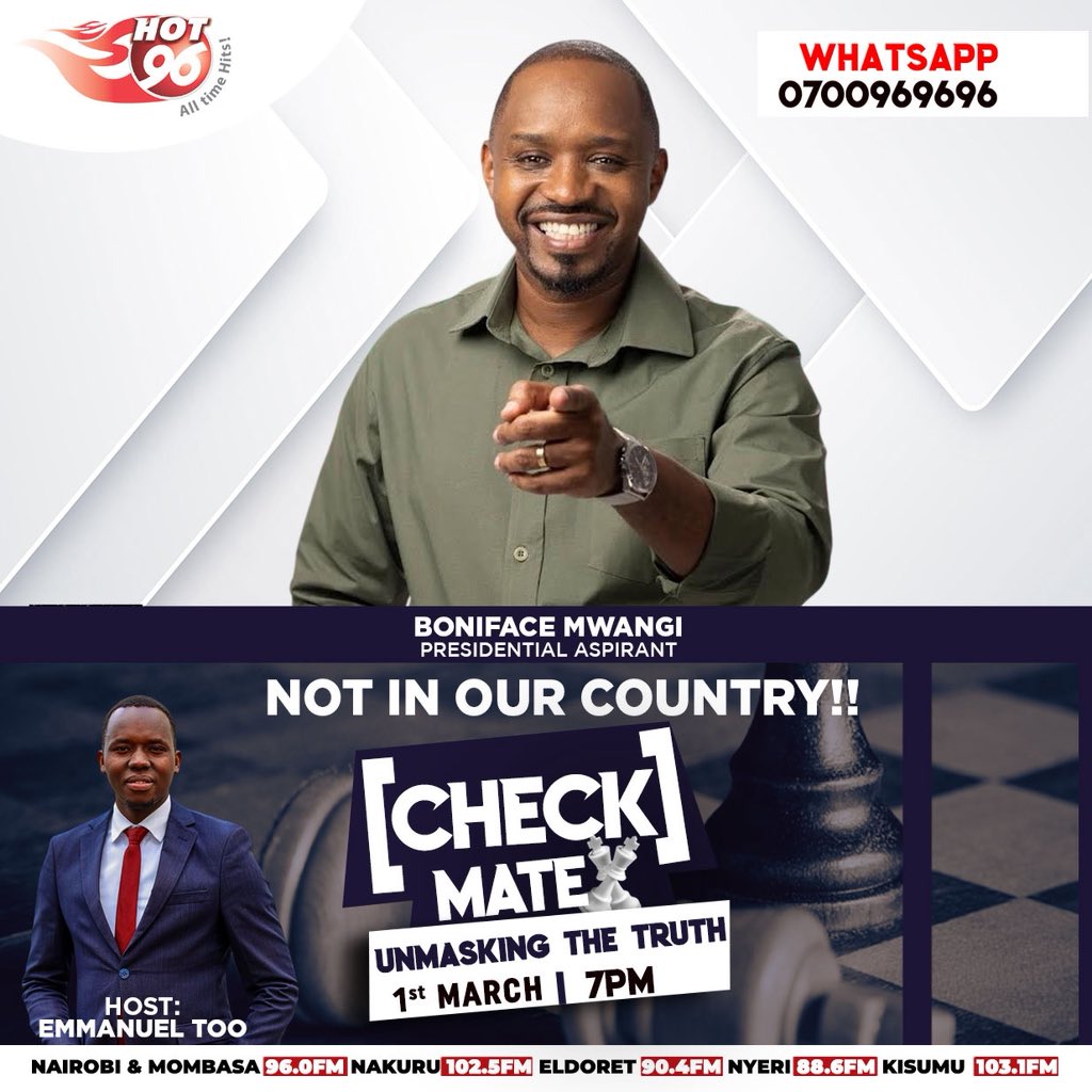 Hot_96Kenya's tweet photo. Coming up at 7PM @bonifacemwangi sits with @TheEmmanuelToo for a candid conversation on the state of the Nation #CheckmateOnHot https://t.co/6lfjJBBLmY