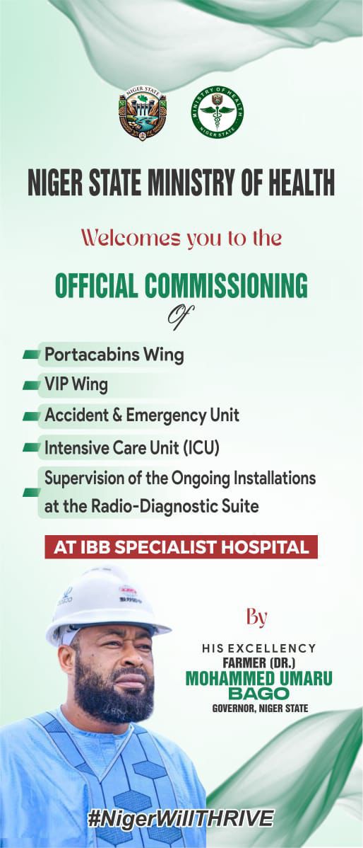 Sai_Bago's tweet photo. Niger State Governor Umar Mohammed Bago will commission new medical facilities at Ibrahim Badamasi Babangida Specialist Hospital (IBBSH) in Minna on Monday, 2nd March 2026 at 11am ..... https://t.co/Gdnapq7ACu