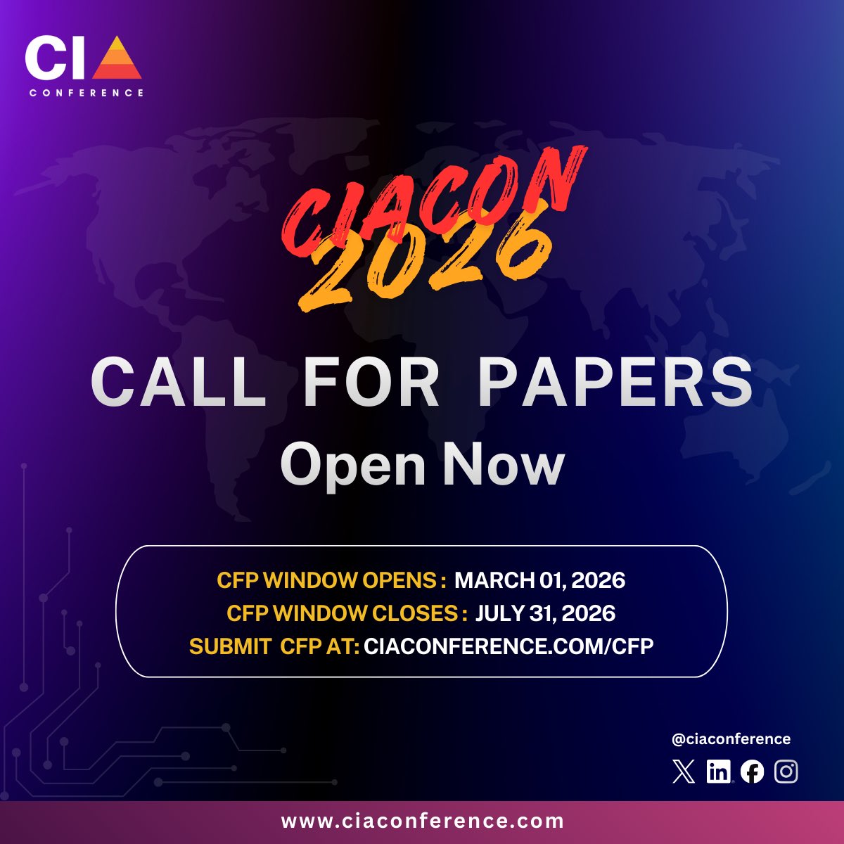 CiaConference's tweet photo. Call for Papers are Now Open 📣

Are you building, defending or detecting in the real world?

@CiaConference invites researchers, red teamers, SOC engineers, threat intel analysts, &amp; security innovators to showcase their work.

Submit your talk:
🌐 https://t.co/UGaMqnSm7r https://t.co/Um40yRpVT8