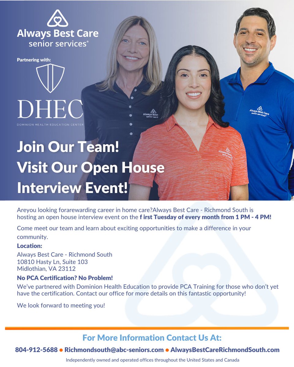 ABCRichmond's tweet photo. We’re excited to invite you to our Open House Hiring Event, held every first Tuesday of the month!
 
 #OpenHouseEvent #HiringEvent #MidlothianJobs #AlwaysBestCare #JobOpportunities #JoinOurTeam #HealthcareCareers #AlwaysBestCare #CaregiverJob #SeniorCare https://t.co/w45Xmkv6cS