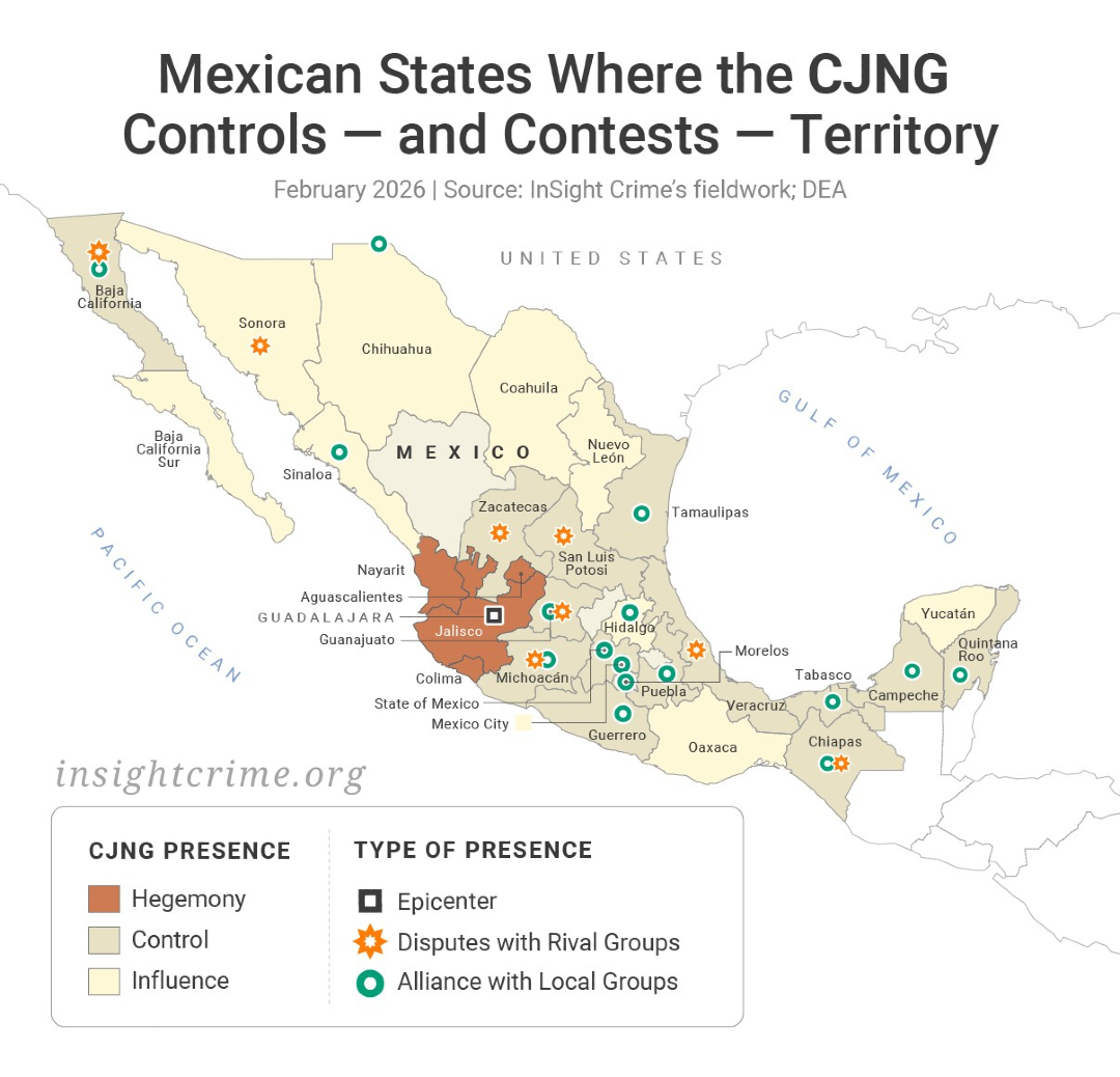 InSightCrime's tweet photo. 🇲🇽 | The future of the CJNG following the killing of “El Mencho” could redefine violence in states such as Jalisco, Michoacán, Guanajuato, Sinaloa, and Baja California. We analyze those hotspots here: https://t.co/4xlCBjUaCv https://t.co/uMzUDRQWA0