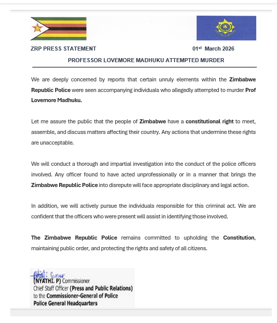 "We are deeply concerned by reports that certain unruly elements within the <a href="/PoliceZimbabwe/">Zimbabwe Republic Police</a> were seen accompanying individuals who allegedly attempted to murder Prof Lovemore Madhuku".