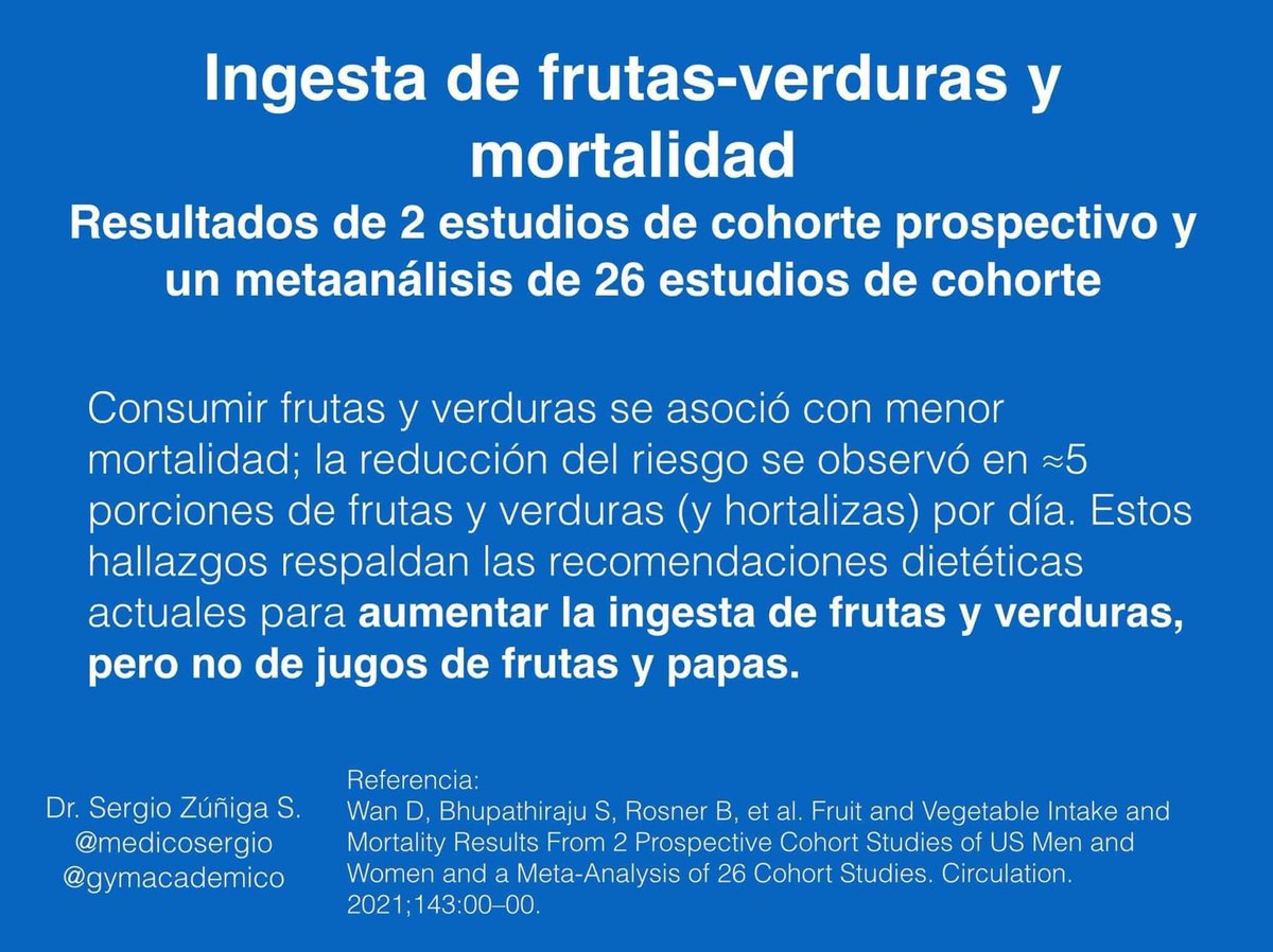 🔥5️⃣ Porciones de #Frutas y #Verduras
66719 👩‍🦰 Y 42016 👨‍🦰  

👉5️⃣ 🍎/🥦 por día se asociaron:
📌⬇️13%  ☠️ Total
📌⬇️ 12% ☠️ Cardiovascular 🫀 
📌⬇️ 10% ☠️ Cáncer 🦀
📌⬇️ 35% ☠️ Enfermedad Respiratoria 🫁

👉 La ingesta de frutas y verduras
👉 No jugos de frutas y papas
Fuente: