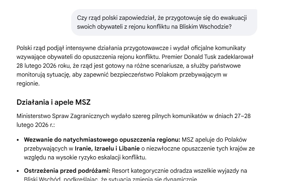Znajdźcie różnice między rządem 🇨🇿 i 🇵🇱.

Czy rząd czeski zapowiedział ewakuację obywateli z rejonu konfliktu?
Tak, przygotowano 8 samolotów, czeskie władze przygotowały specjalne trasy powrotu.

Czy rząd polski zapowiedział ewakuację obywateli z rejonu konfliktu?
Podjął