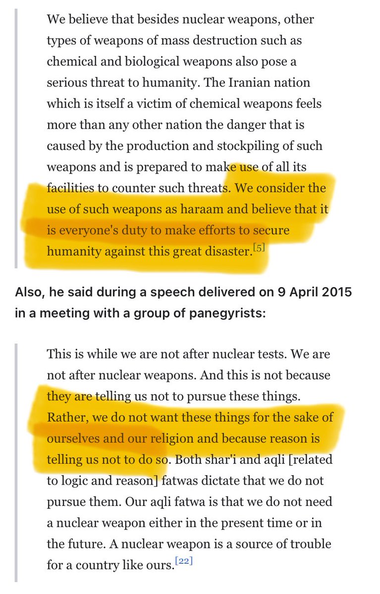 Ali Khomeini issued a fatwa (legal statement, 2010 version below) forbidding the use of not only Nuclear, but also chemical and biological weapons.  He repeated this in a speech in 2015
#Khamenei