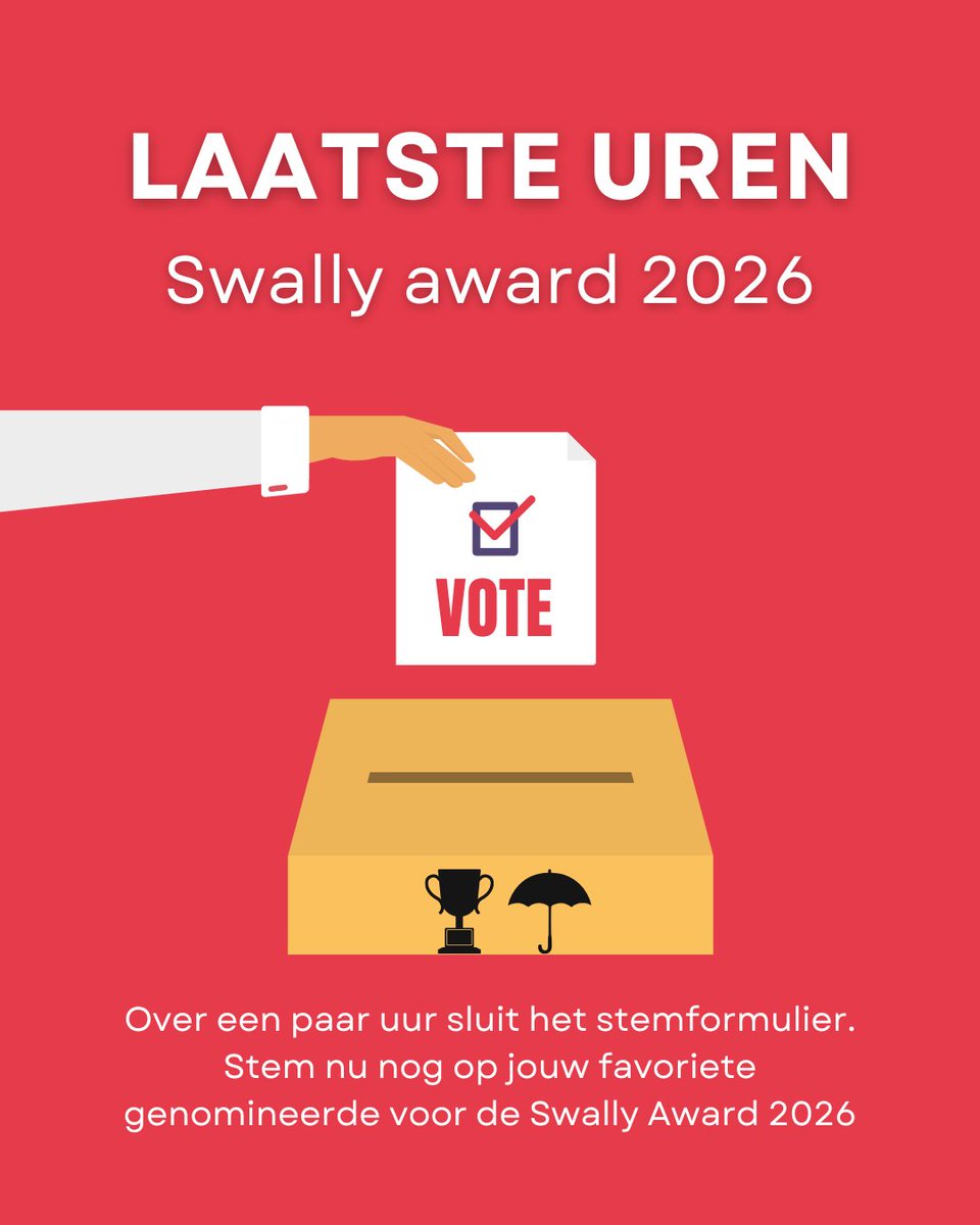 SwallyAward's tweet photo. De laatste uren om te kunnen stemmen op jouw favoriete genomineerde voor de Swally Award 2026 zijn in gegaan! Stem nog snel als je dit niet hebt gedaan. 
Link in bio https://t.co/1NxmYkmHbb