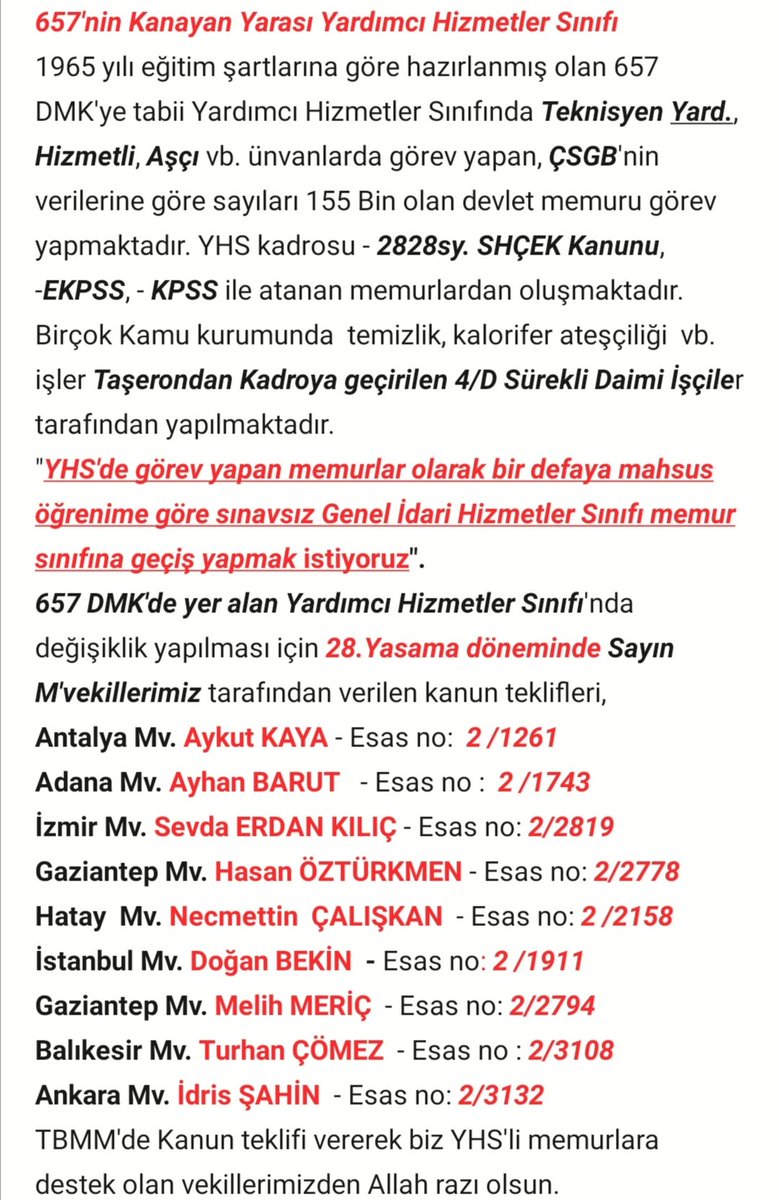 <a href="/yasarkirkpinarr/">YAŞAR KIRKPINAR</a> Yardımcı Hizmetler Sınıfında Hizmetli vb. ünvanlardaki kadrolu yükseköğretim mez. memurlar olarak Mübaşirler gibi sınavsız GİH'e geçme talebimizi <a href="/TBMMresmi/">TBMM</a>'de grubu olan muhalefet partilerine duyurduk.
Talebimizi  birtek 
<a href="/Akparti/">AK Parti</a> | <a href="/AKPartiTBMMGrup/">TBMM AK Parti Grup Başkanlığı</a> yetkililerine duyuramadık.
⬇️