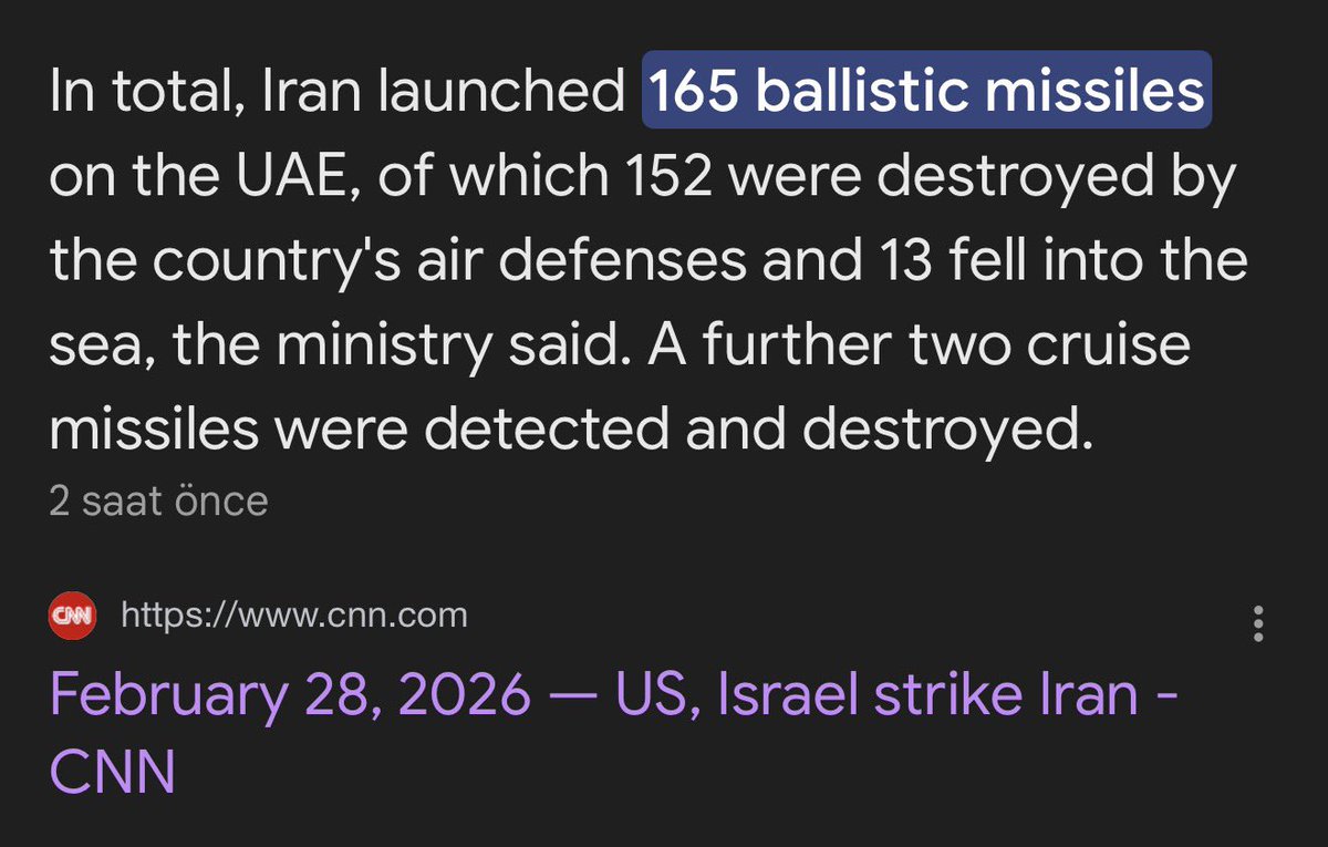 Son 48 saatten Türkiyemiz bir ders çıkarmalı!
Birleşik Arap Emirlikleri, Türkiyemize göre çok küçük bir yüzey alana sahip.

165 balistik füze ve 540 insansız hava aracı saldırısı savunuldu. 
Allah asla ülkeme bir saldırı göstermesin ama sınırdaki mayınları bile kaldırıp, 10