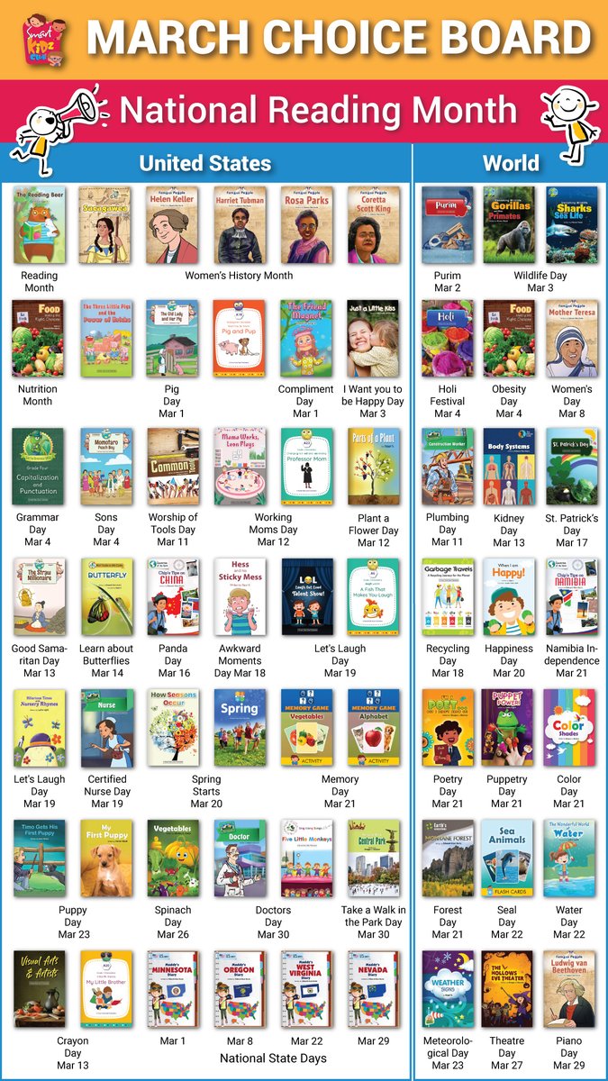 smartkidzclub's tweet photo. 📚 March is #NationalReadingMonth!
At Smart Kidz Club, we are helping kids in the U.S. &amp; worldwide read every day with engaging, knowledge-based digital books and activities. Check out the March Choice Board, also available in our apps.
#LiteracyMatters #EdTech #SmartKidzClub https://t.co/xLZJnnAMuD