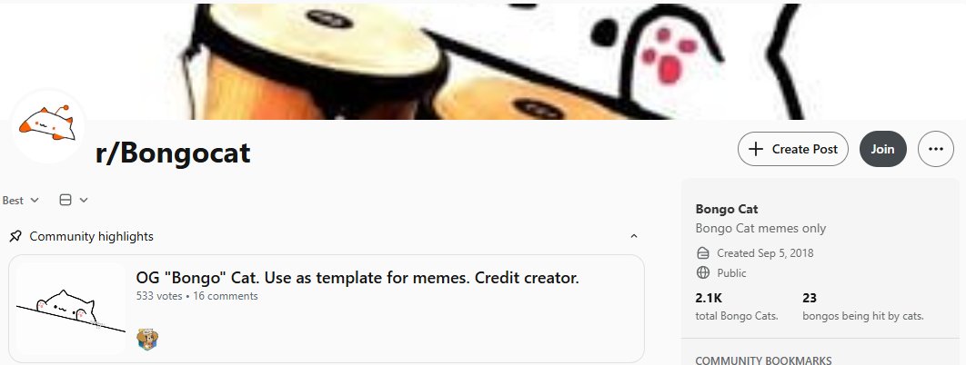 reddit.com/r/Bongocat/

literally an entire reddit forum for bongo cat