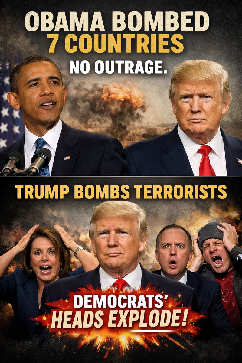 CoVet_81's tweet photo. Interesting. During his presidency, Barack Obama authorized U.S. airstrikes in seven countries, Afghanistan, Iraq, Libya, Pakistan, Somalia, Syria, and Yemen, often without specific congressional authorization.

When President Trump takes military action within the authority of the presidency, Democrats’ heads explode. 🔥